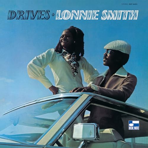 Album cover for Lonnie Smith’s “Drives” featuring two smiling men and a car.