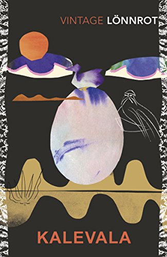 Book cover for "Kalevala" with abstract illustration of egg and birds.