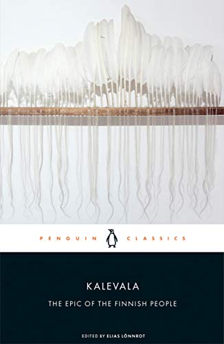 Book cover for "Kalevala" featuring white feathers and dark text.