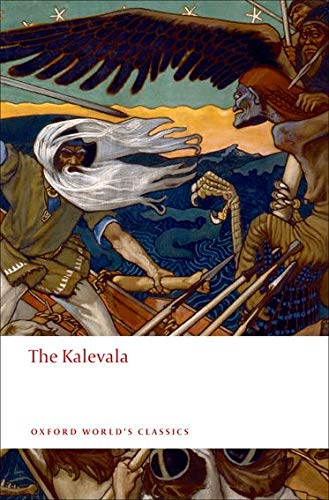 Cover of “The Kalevala” depicting figures and a large bird in flight.