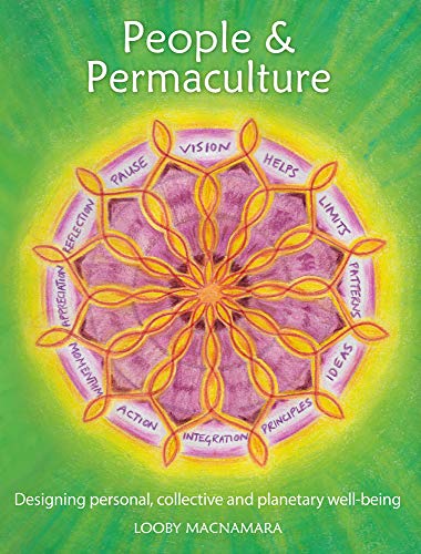 Book cover: "People & Permaculture" with a colorful floral mandala design.