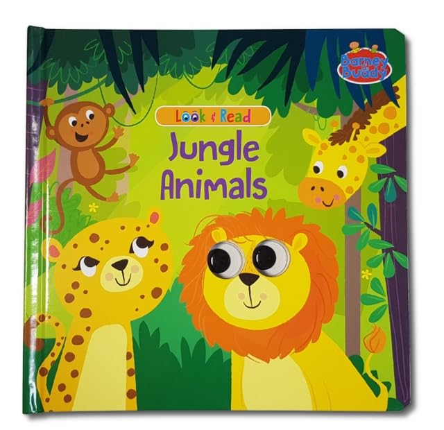 Children's book cover featuring a monkey, giraffe, lion, and leopard.
