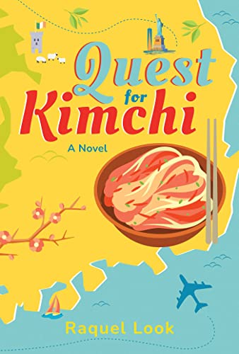 Book cover: "Quest for Kimchi" with kimchi, chopsticks, and travel icons.