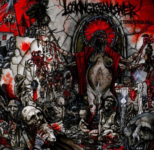 Gritty, dark illustration featuring a central figure surrounded by grotesque, bloody, and macabre imagery.
