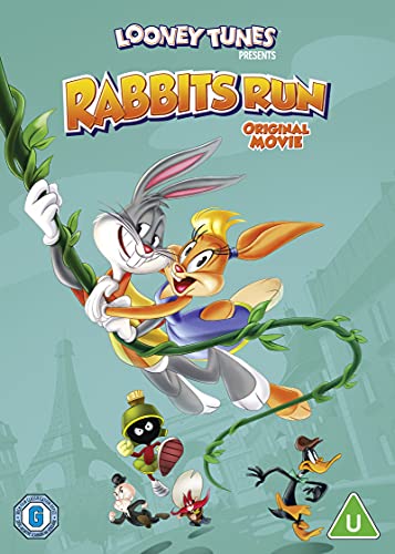 Bugs Bunny and Lola Bunny swinging on vines over Paris skyline.