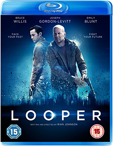 Looper" Blu-ray cover featuring Bruce Willis and Joseph Gordon-Levitt.