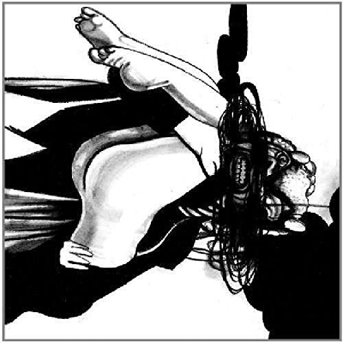 Black and white illustration of a figure with tangled hair and exposed legs.