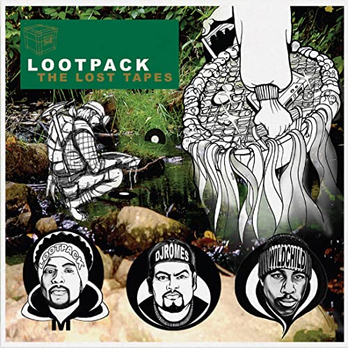 Album cover art with a green box, line-art figures, and three portraits at bottom.