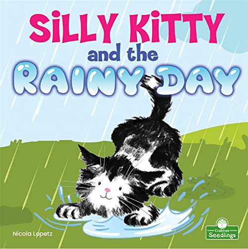 Book cover: black and white kitten playing in a rainy puddle.