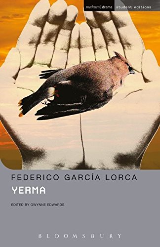 Book cover: hands holding a bird, title “Yerma” by Federico García Lorca.