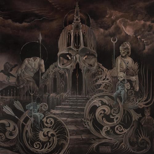Surreal dark painting of a skull-shaped building with figures and ornate, swirling gothic details.