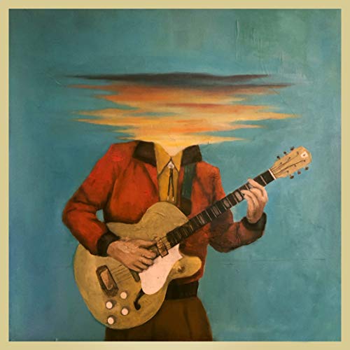 Painting of a man with a sunset for a head, playing guitar.