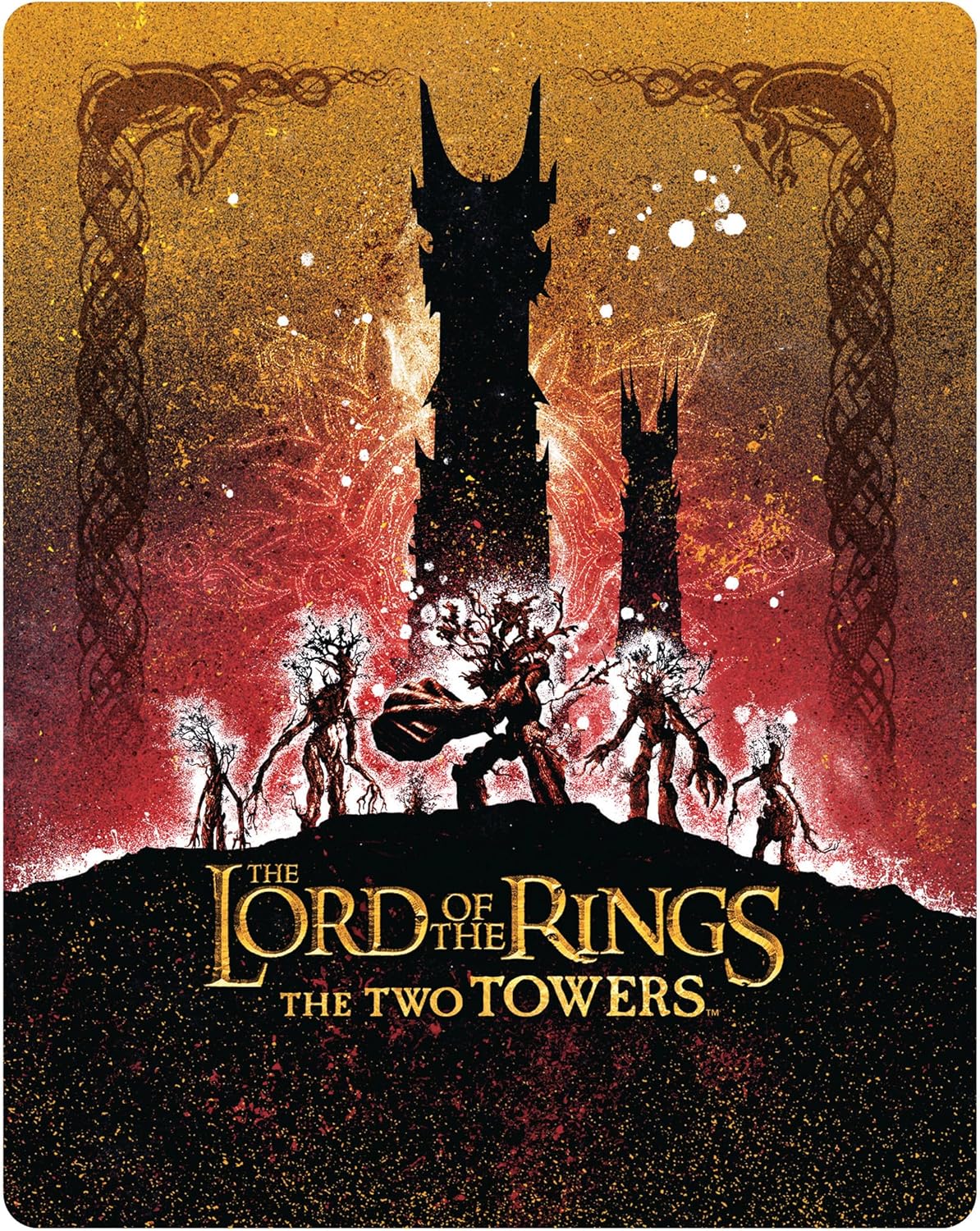 Blu-ray cover for “The Two Towers” featuring Orthanc and silhouettes.