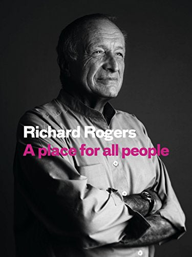 Black and white portrait of Richard Rogers with pink text overlay.