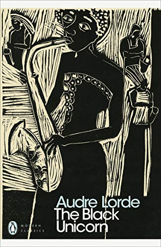 Book cover with black and white woodcut style illustration of a person playing saxophone.