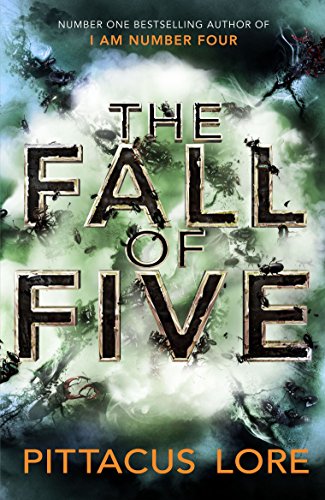 "The Fall of Five" book cover with dark, green, and cloudy background, featuring title and author's name.