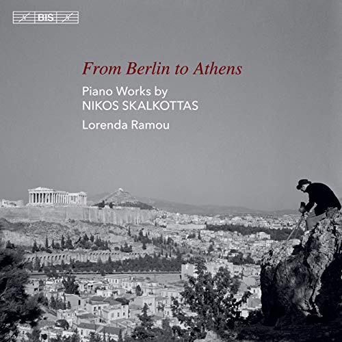 CD cover: grayscale Athens cityscape with a pianist silhouette.