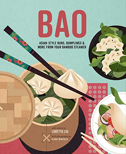 Cookbook cover featuring bao buns, chopsticks, and Asian-inspired illustrations.