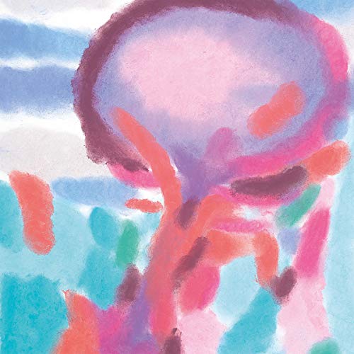 Abstract watercolor painting with pink, orange, and blue hues.