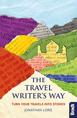 Book cover with colorful paper cutouts and title "The Travel Writer's Way".