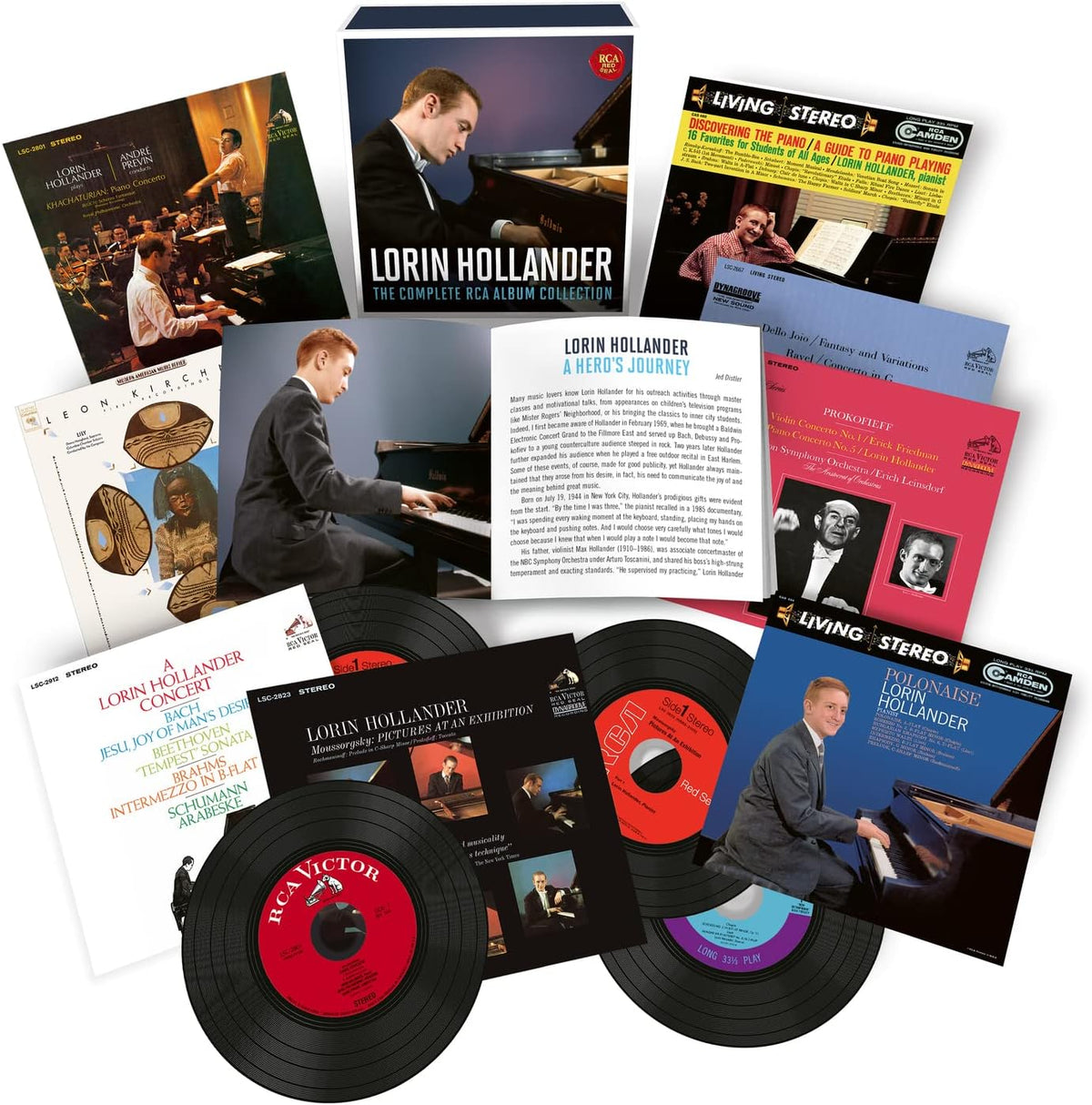 Lorin Hollander RCA box set featuring multiple CD covers, a booklet, and vinyl discs.