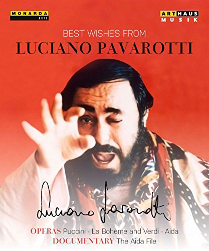 Luciano Pavarotti on a red background, waving, with a scarf and white shirt.