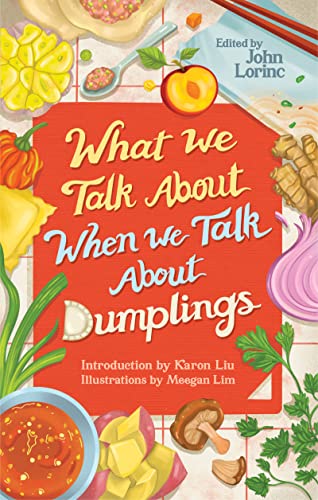 Book cover with illustrated dumplings, vegetables, and red background.