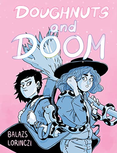 Book cover: two women with a snake, title "Doughnuts and Doom".