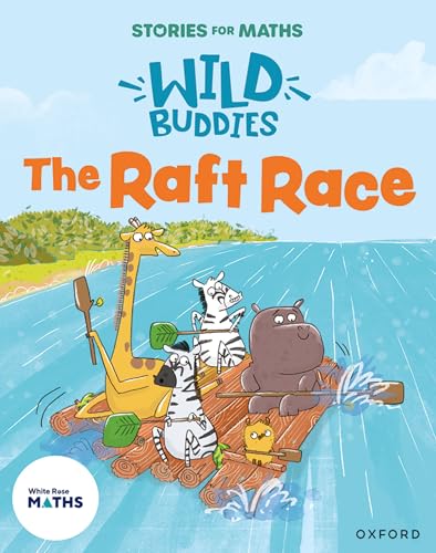Giraffe, zebra, and hippo on a wooden raft, illustrated children’s book cover.
