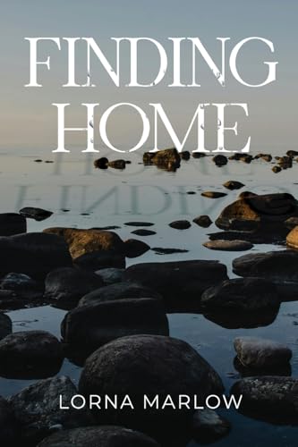 Book cover with title "Finding Home" over a rocky shoreline scene.