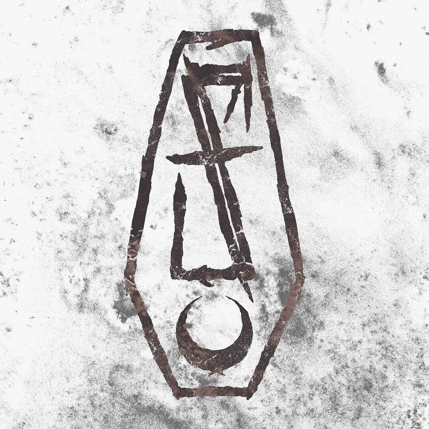 Dark, textured coffin shape with a crescent moon at the base.