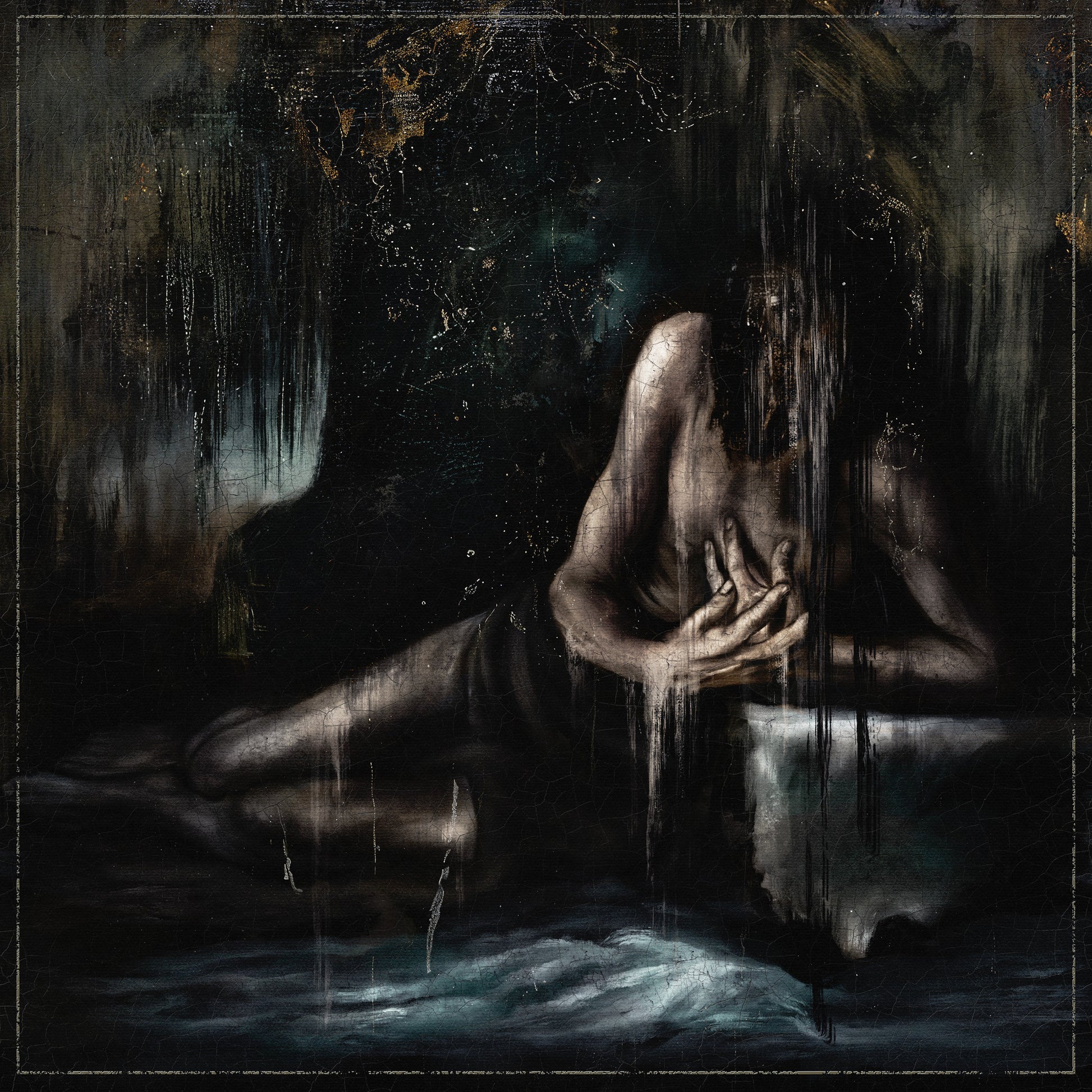 Dark, textured album art depicting a figure obscured by dripping black liquid.