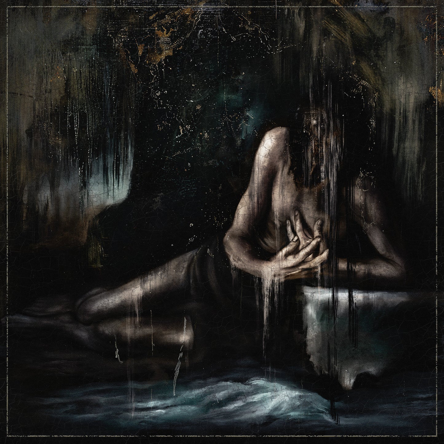 Dark, textured image of a figure obscuring their face with hands.