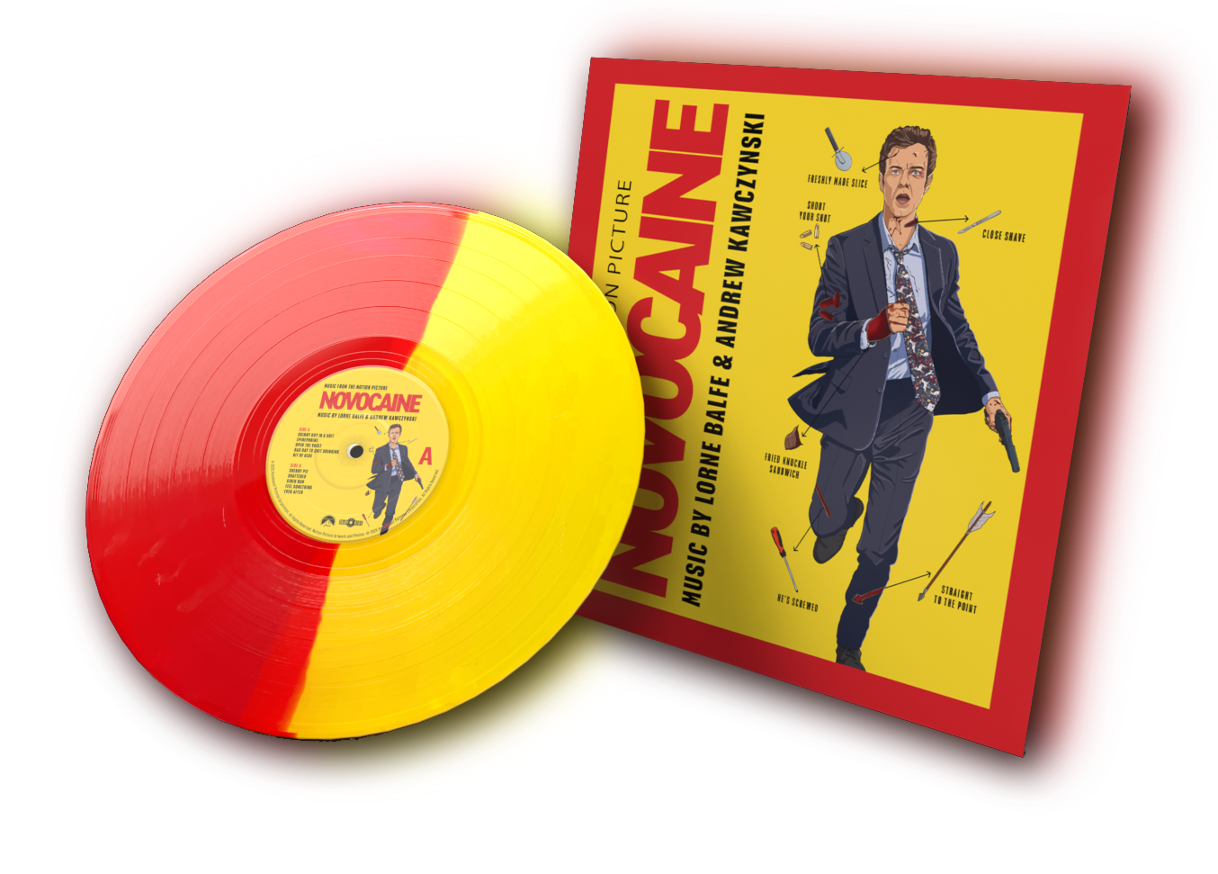 “Novocaine” vinyl record with yellow and red swirl color, film still cover.