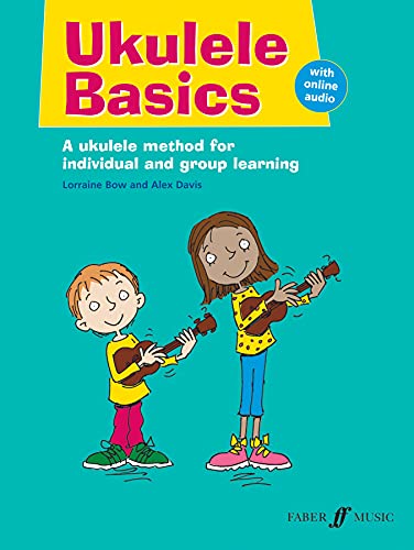 Cover of Ukulele Basics music book featuring a cartoon boy and girl playing ukuleles.