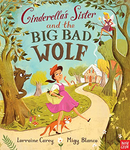 Book cover depicting a girl, wolf, fairy, and cottage in a forest.