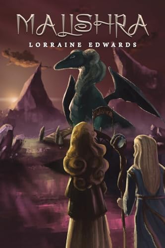 Book cover: dragon and two figures facing mountains, titled "Malishra".