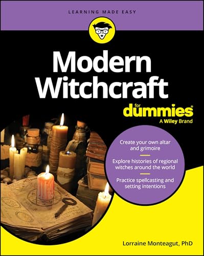 Book cover for "Modern Witchcraft For Dummies" with candles and occult items.