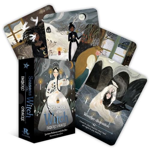 Seasons of the Witch Imbolc Oracle box set with several illustrated cards featuring winter themes.