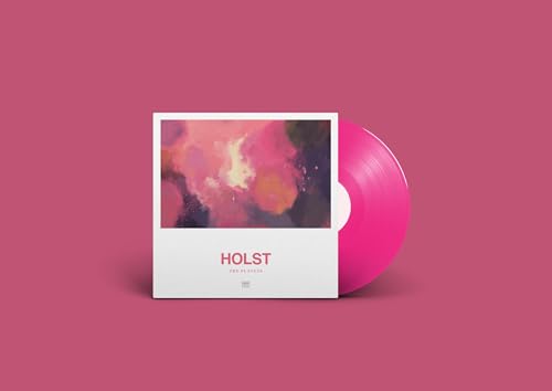 Pink vinyl record and white album cover with abstract art.