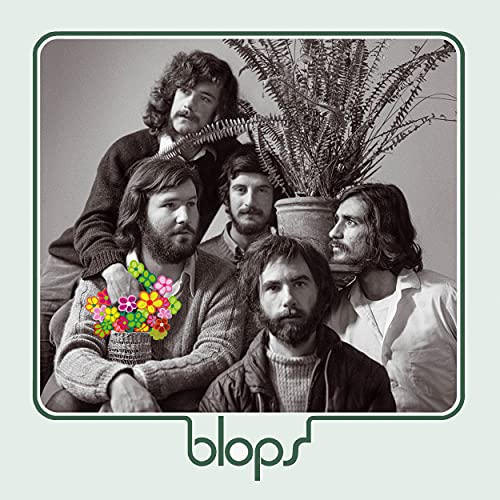 Black and white photo of four bearded men with a small colorful flower illustration.