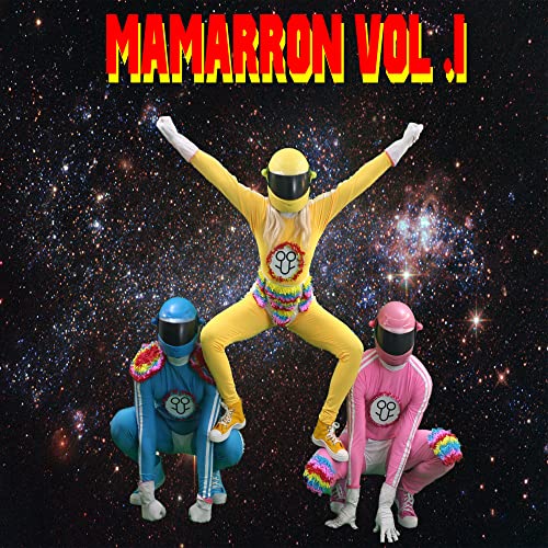 Three people in colorful jumpsuits and helmets pose against a starry space background.