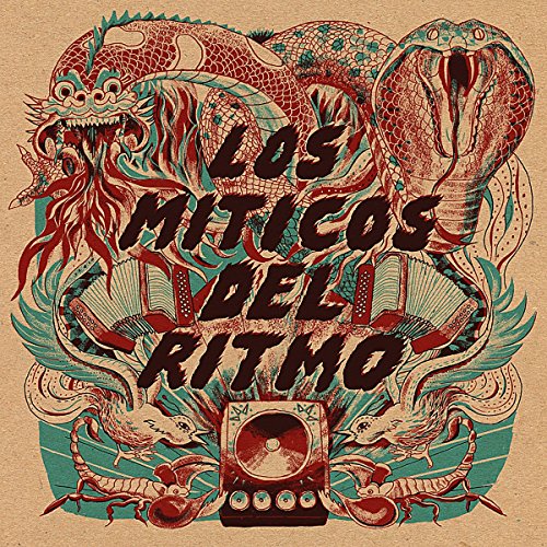 "Album cover with dragon illustration, speaker, and title 'Los Miticos Del Ritmo' in bold text."