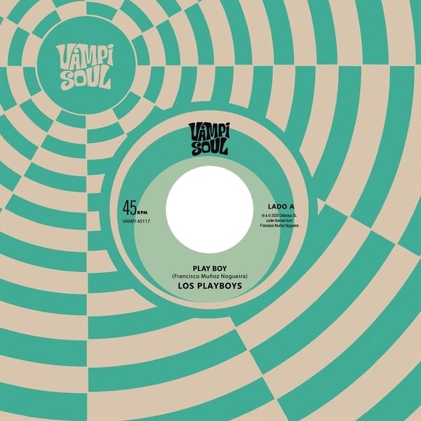 Turquoise vinyl record label with concentric circles and "Los Playboys" text.
