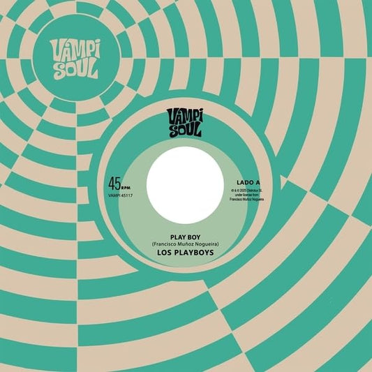 Turquoise vinyl record label with concentric circles and "Los Playboys" text.