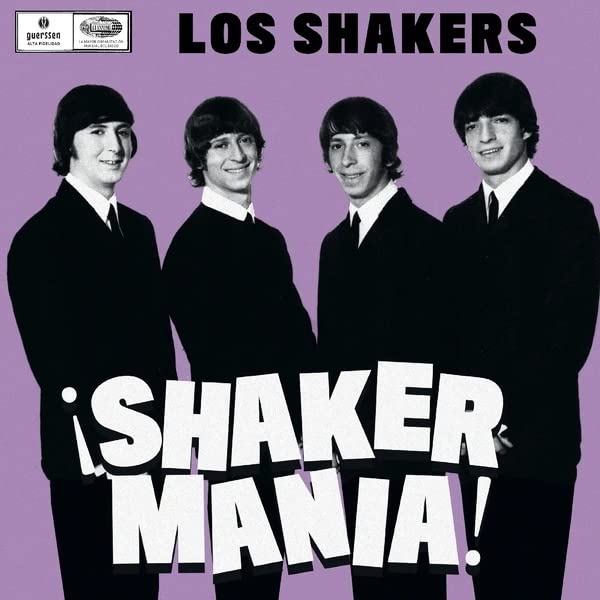 Four men in dark suits on a purple background with the text Los Shakers Shakermania.