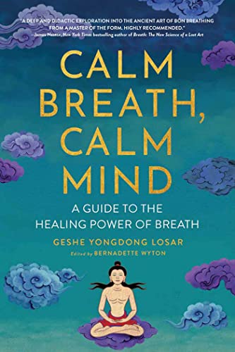 Book cover: "Calm Breath, Calm Mind" with a meditating figure below.