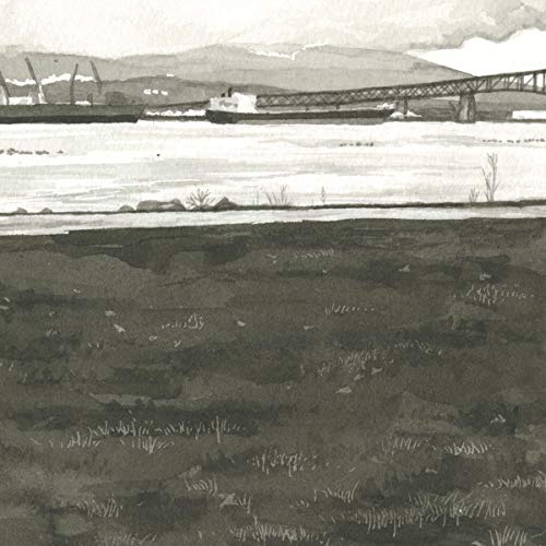 Black and white watercolor painting of a bridge, ships, and shoreline.