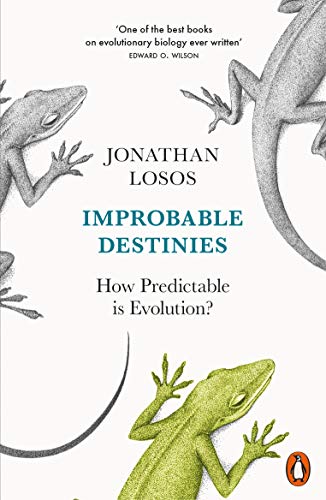 Book cover for Improbable Destinies by Jonathan Losos, featuring illustrations of three lizards.