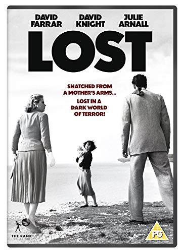 "Black and white DVD cover of 'Lost' showing a man, woman, and child on a beach."